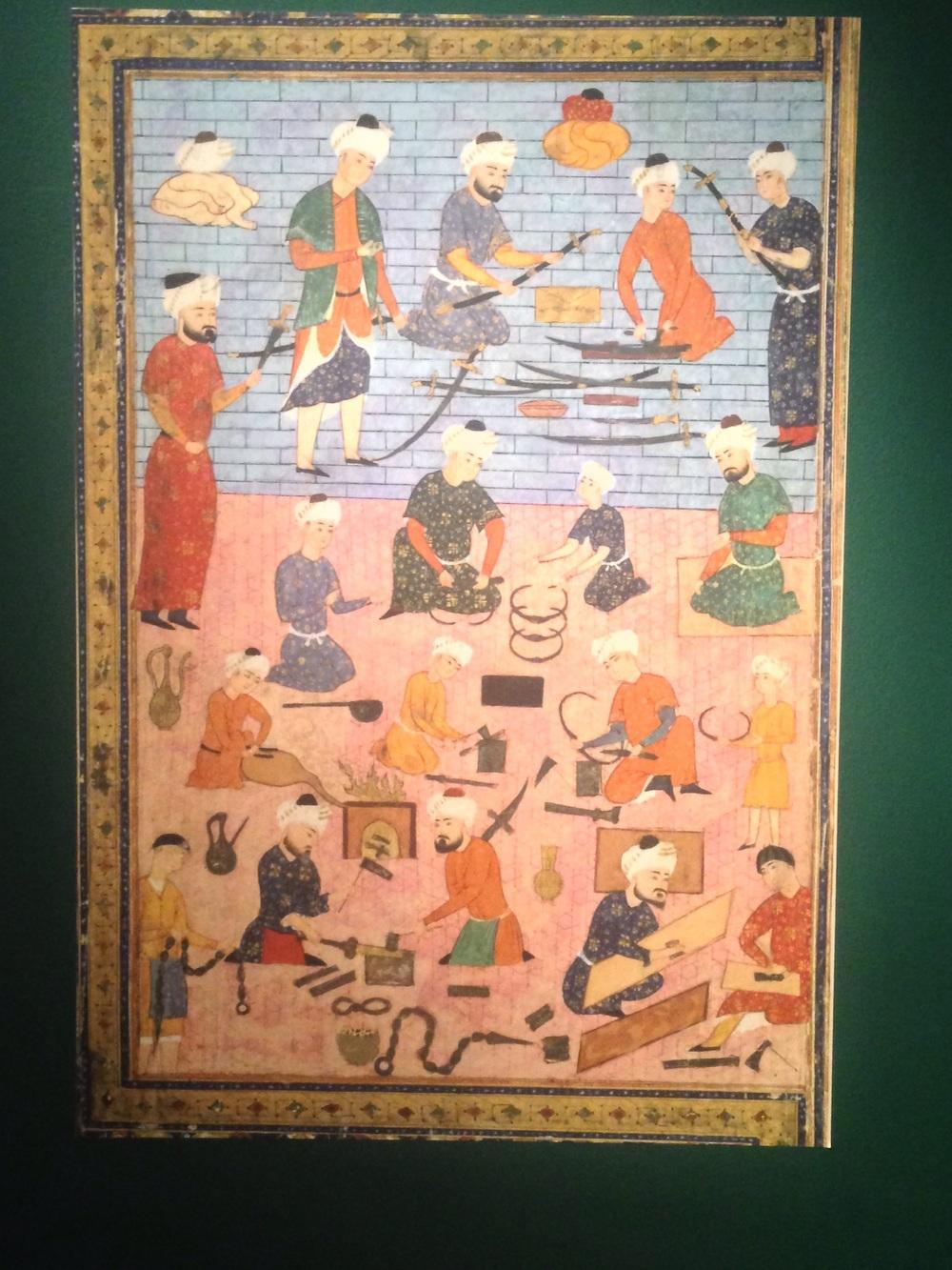 16th-century tapestry illustrating an Iranian arms workshop