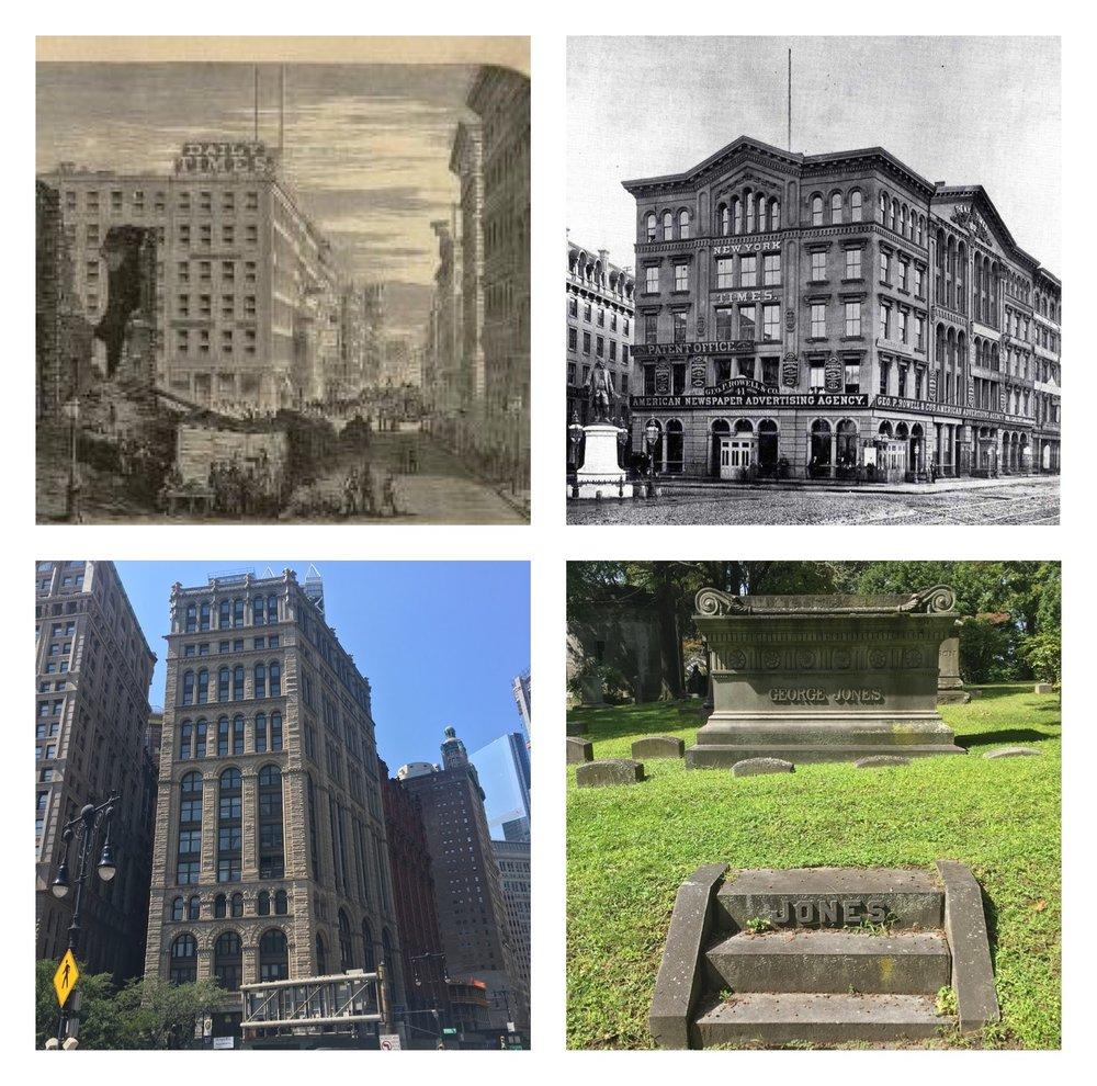 Clockwise from top left: 138 Nassau Street--the second office of the New York Times (1854-58), illustration from 